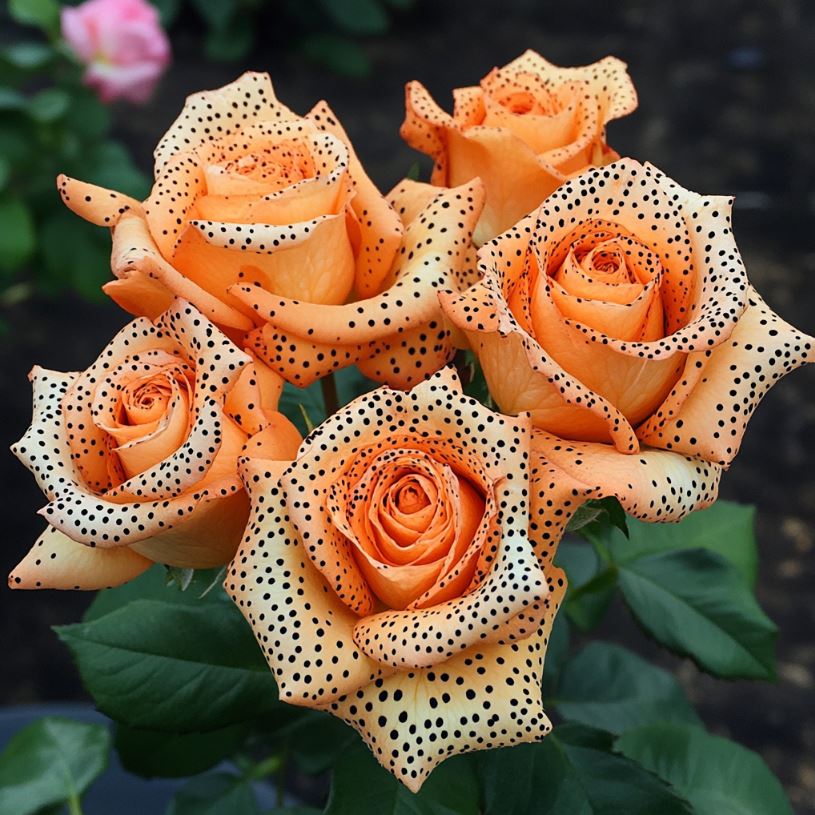 A beautiful arrangement of Polka Dot Orange Roses featuring delicate petals in soft orange adorned with black polka dots, surrounded by lush green leaves.