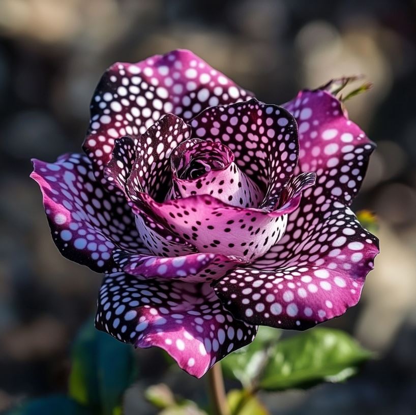 A stunning Polka Dot Rose featuring vibrant pink petals adorned with bold black spots and white dots, showcasing its unique and artistic floral design.