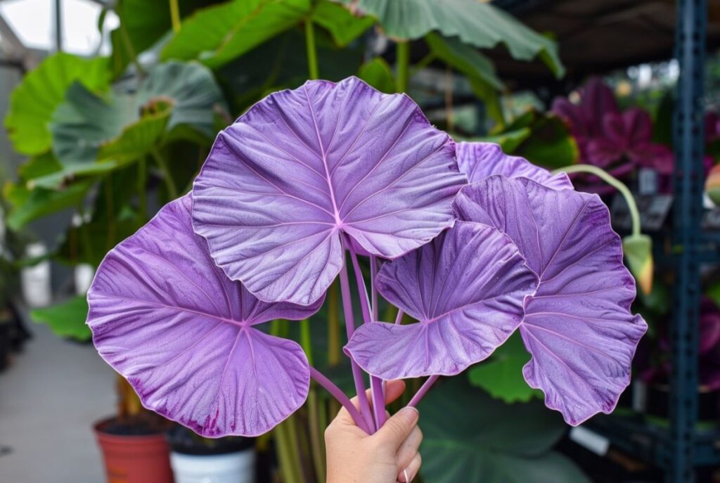 Purple Elephant Ear with large heart-shaped, deep purple leaves