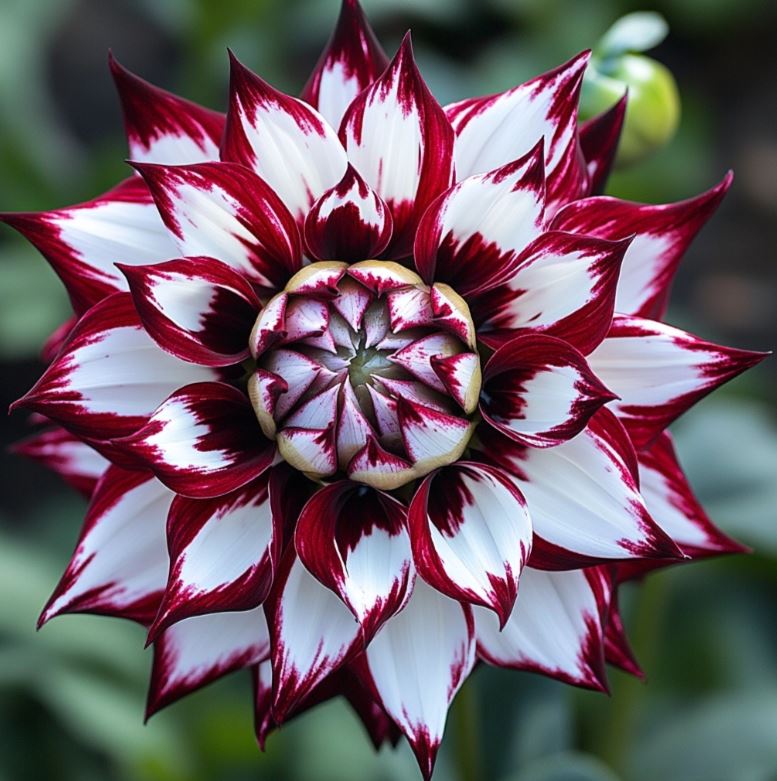 A striking bicolor dahlia flower with deep red petals and white stripes.