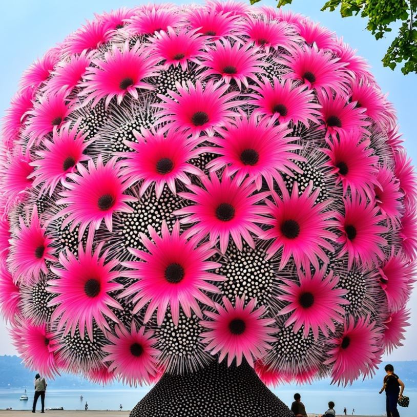 Colorful Dragon Tree Flower (Dracaena cinnabari) showcasing vibrant pink blooms against a scenic background with people admiring its beauty.