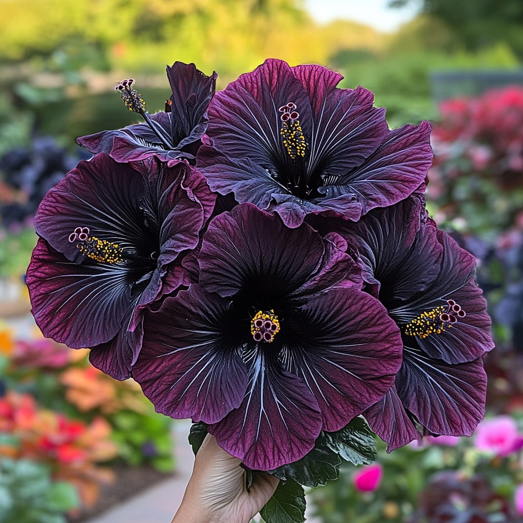 Beautiful dark purple Hibiscus flowers with yellow stamens held in a hand against a vibrant garden background