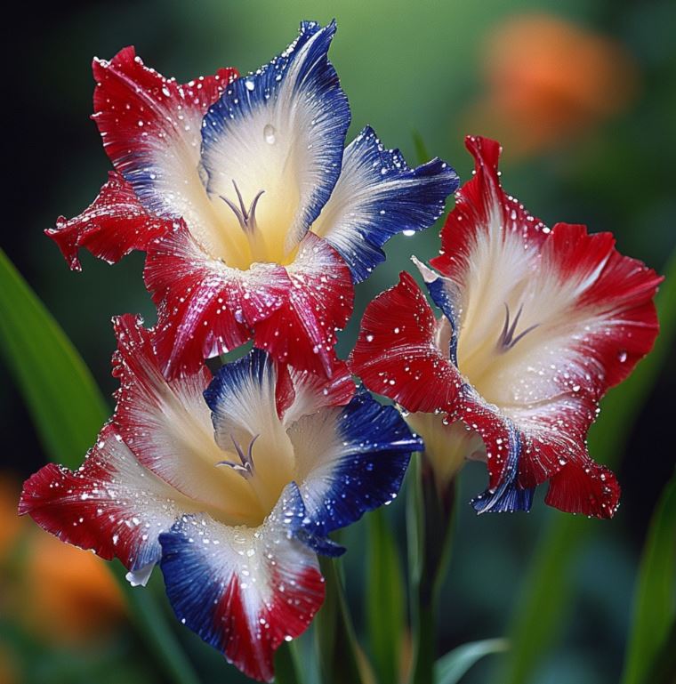 Vibrant red, white, and blue Gladiolus flowers with water droplets glistening on their petals