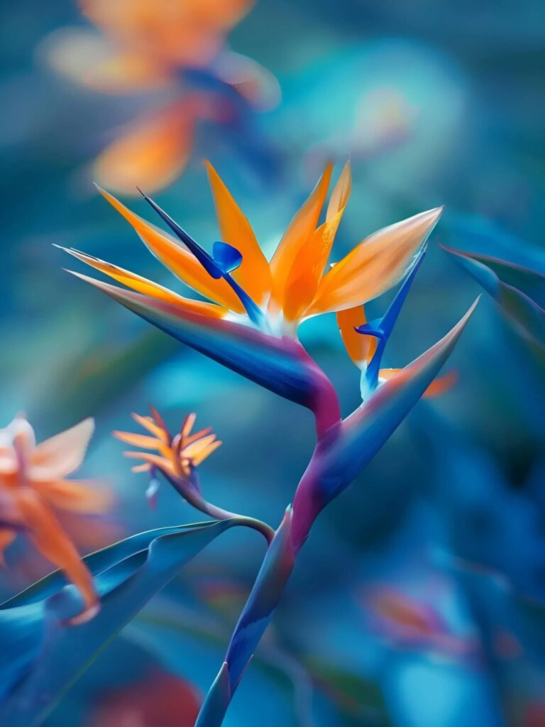 "Vibrant orange and blue bird of paradise flower against a blurred background."