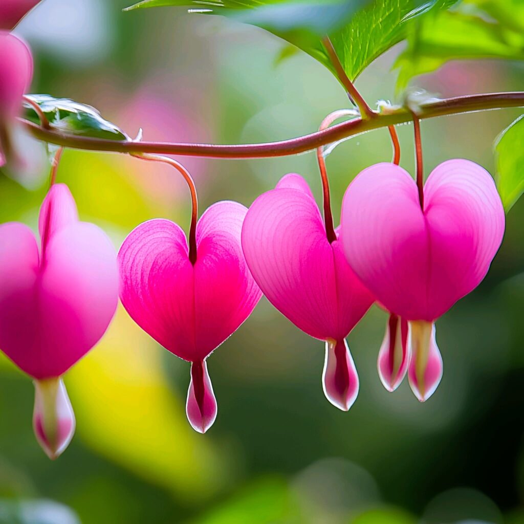 Close-up of vibrant pink Bleeding Heart flowers hanging delicately from a green stem