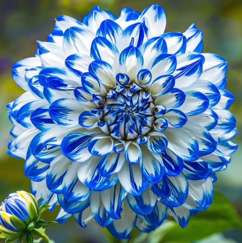  A vibrant blue and white dahlia flower with intricate petal patterns.