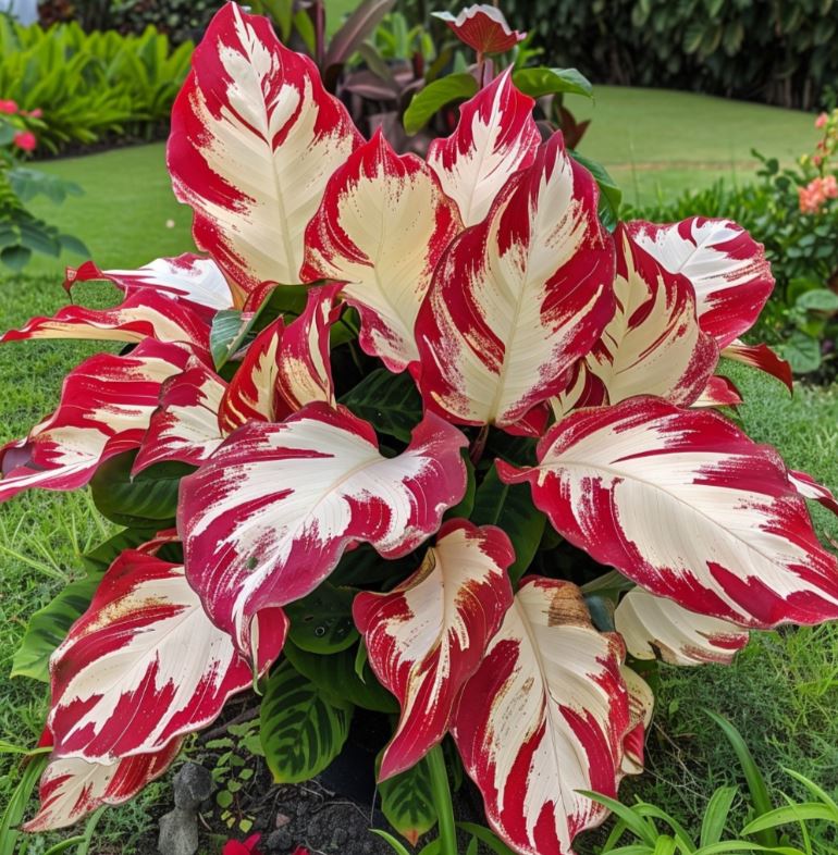 Vibrant Calathea leaves with bold red and white patterns in a lush garden setting