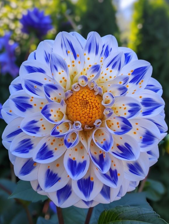 Close-up of dahlia flower with blue and white petals