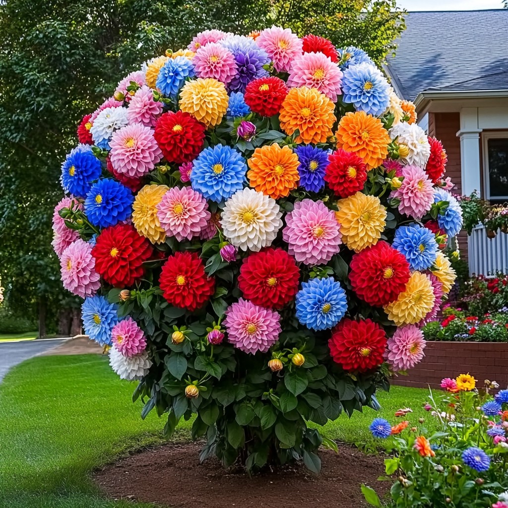 A vibrant dahlia tree bursting with a multitude of colorful blooms, including shades of red, pink, blue, and yellow, set against a lush green lawn and a charming house.