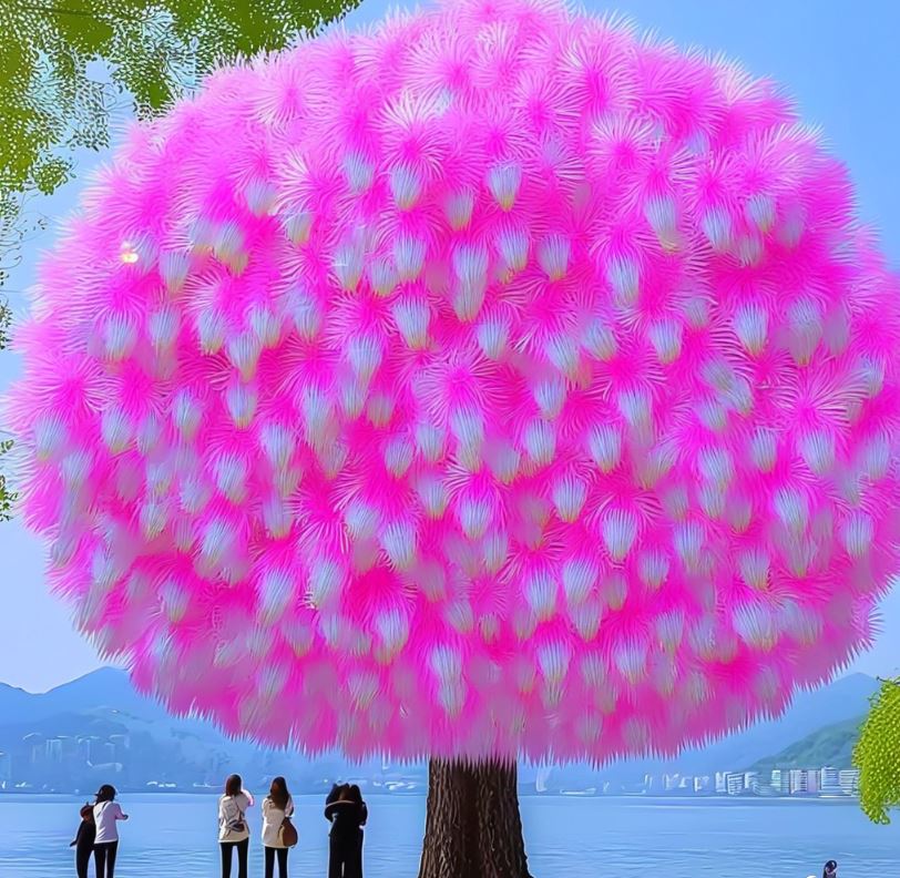 A vibrant Dragon Tree Flower (Dracaena cinnabari) with pink and white fluffy blossoms, overlooking a scenic lake with people admiring it.