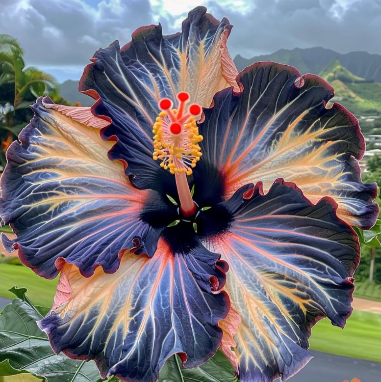 Close-up of vibrant hibiscus flower with unique colors