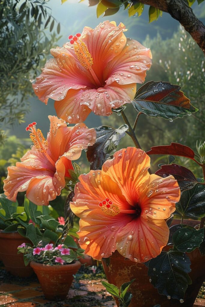 Close-up of vibrant hibiscus flowers in orange shades, adorned with water droplets, set against a lush garden background.