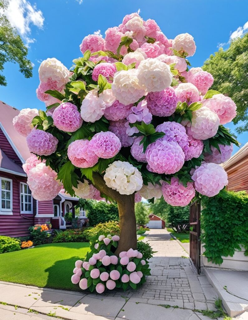 A vibrant hydrangea tree with clusters of pink and white blooms in a lush garden setting under a clear blue sky.