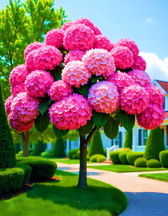 Vibrant Hydrangea Tree 'Candy Bloom' with pink, white, and red blooms against a blue house backdrop