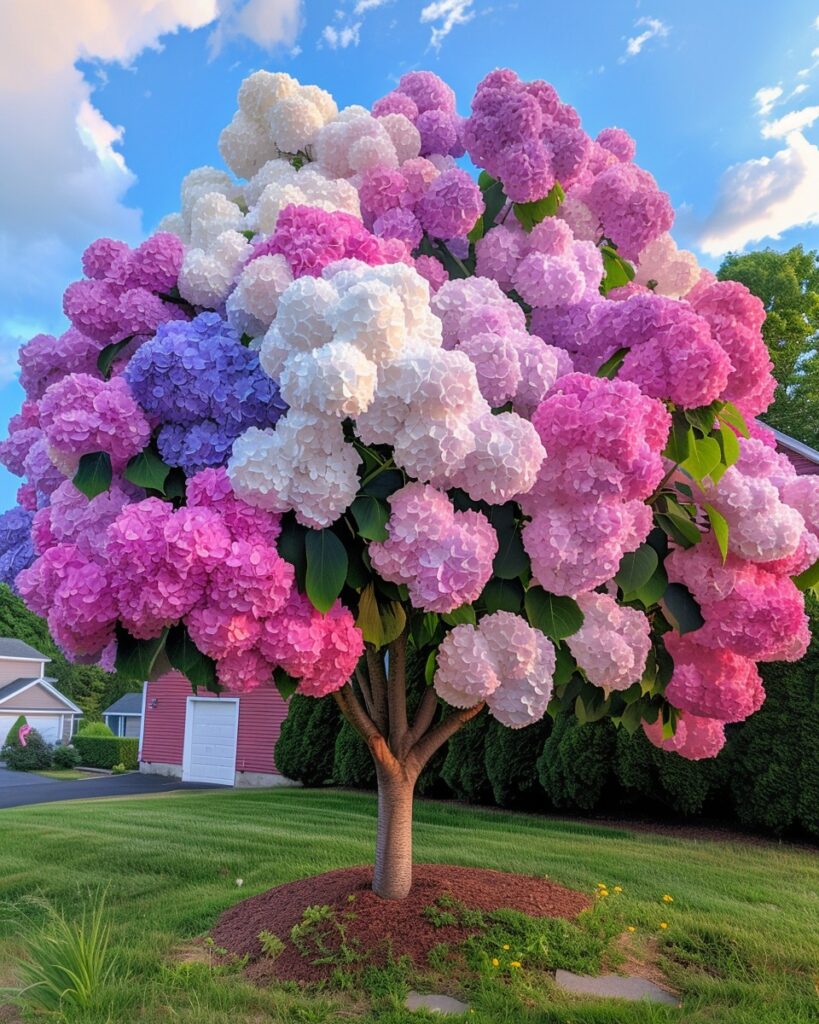 A vibrant hydrangea tree with pink, white, and purple blooms under a blue sky.