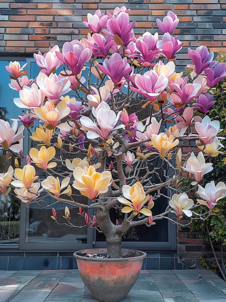 Magnolia tree in full bloom with pink, white, and yellow flowers in a decorative pot