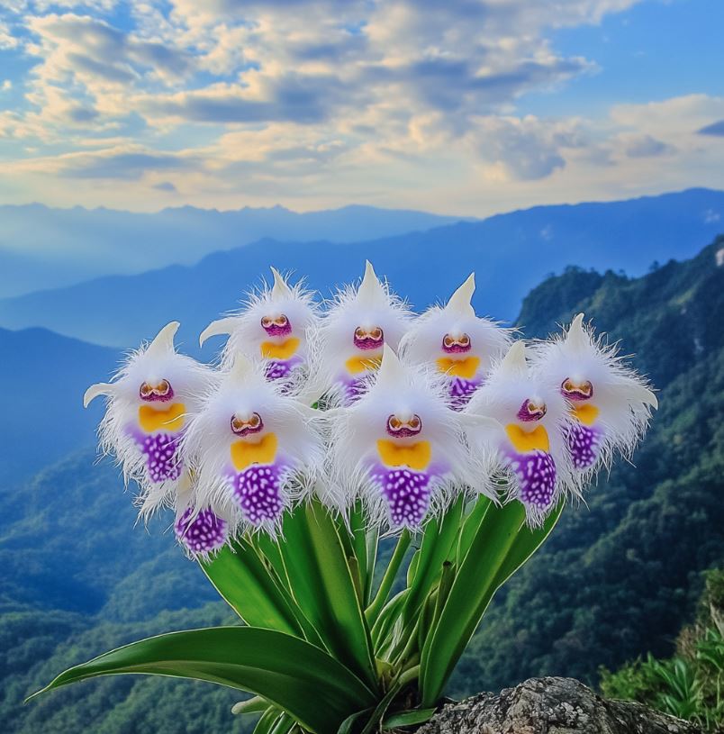 Monkey Face Orchid (Dracula simia) featuring fluffy white and purple flowers against a scenic mountain backdrop