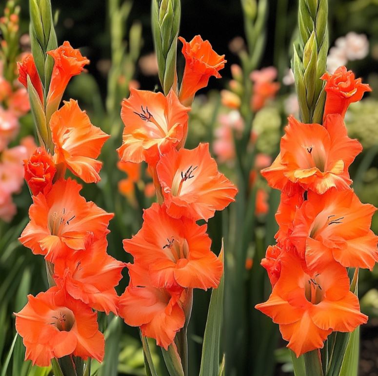 Vibrant orange Gladiolus flowers in full bloom against a lush green background