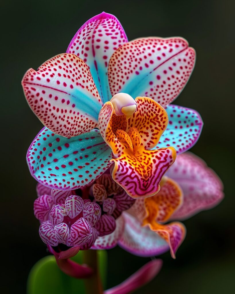 A vibrant orchid with intricate patterns featuring blue, red, and orange hues, showcasing its delicate beauty against a dark background.