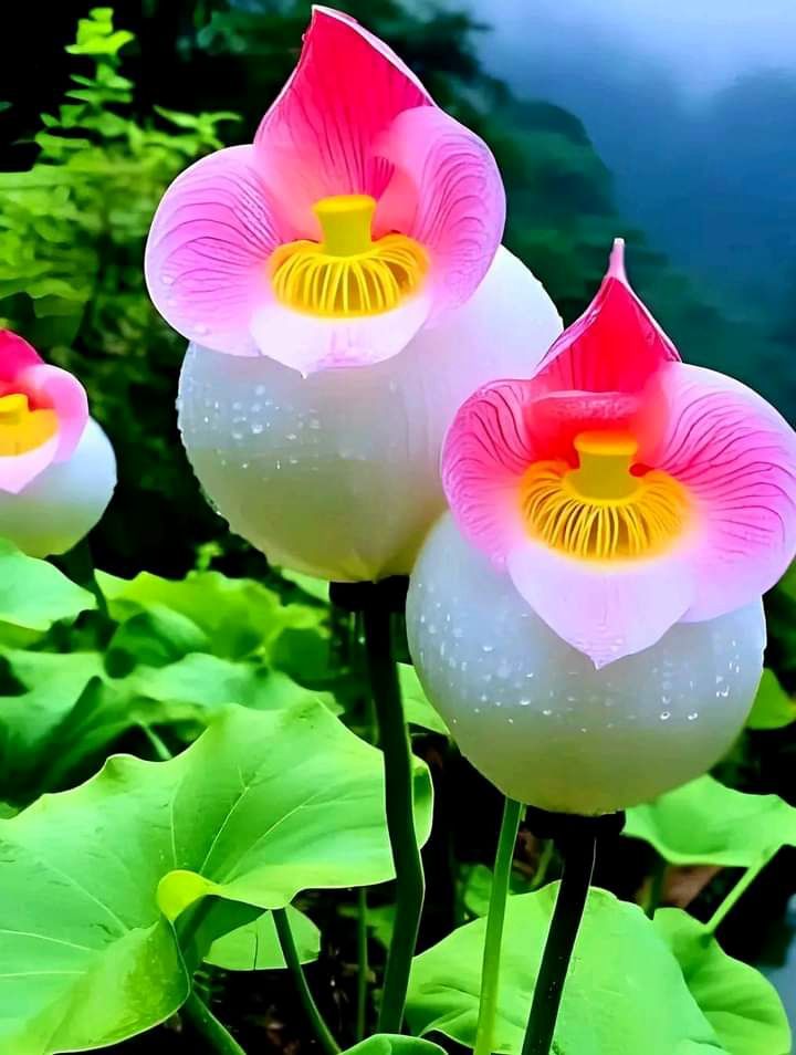 Close-up of unique orchids with pink and yellow petals