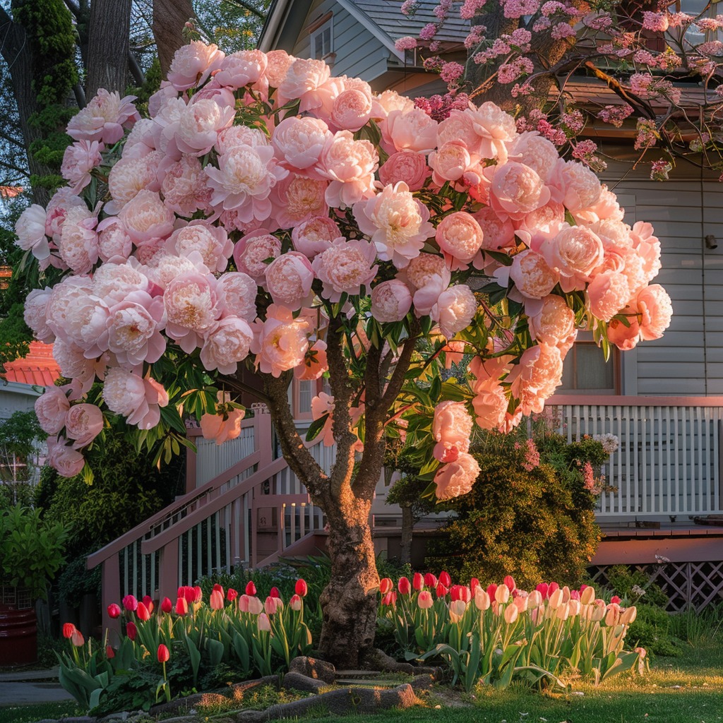 A beautiful peony tree adorned with soft pink flowers, surrounded by blooming tulips in a picturesque garden setting.