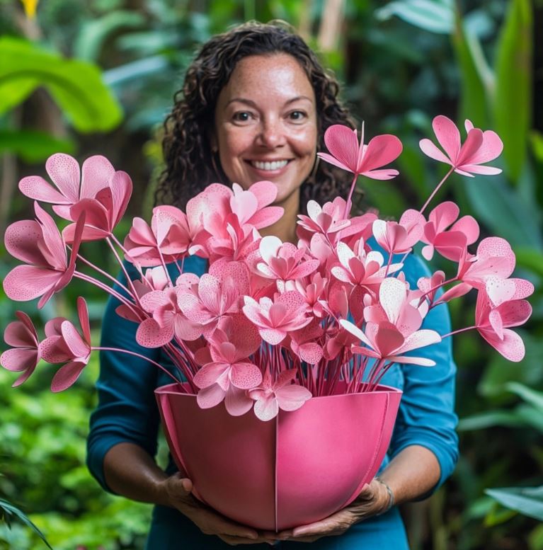 A woman smiling while holding a pot of vibrant pink Butterfly Plant (Oxalis triangularis) with numerous flowers.