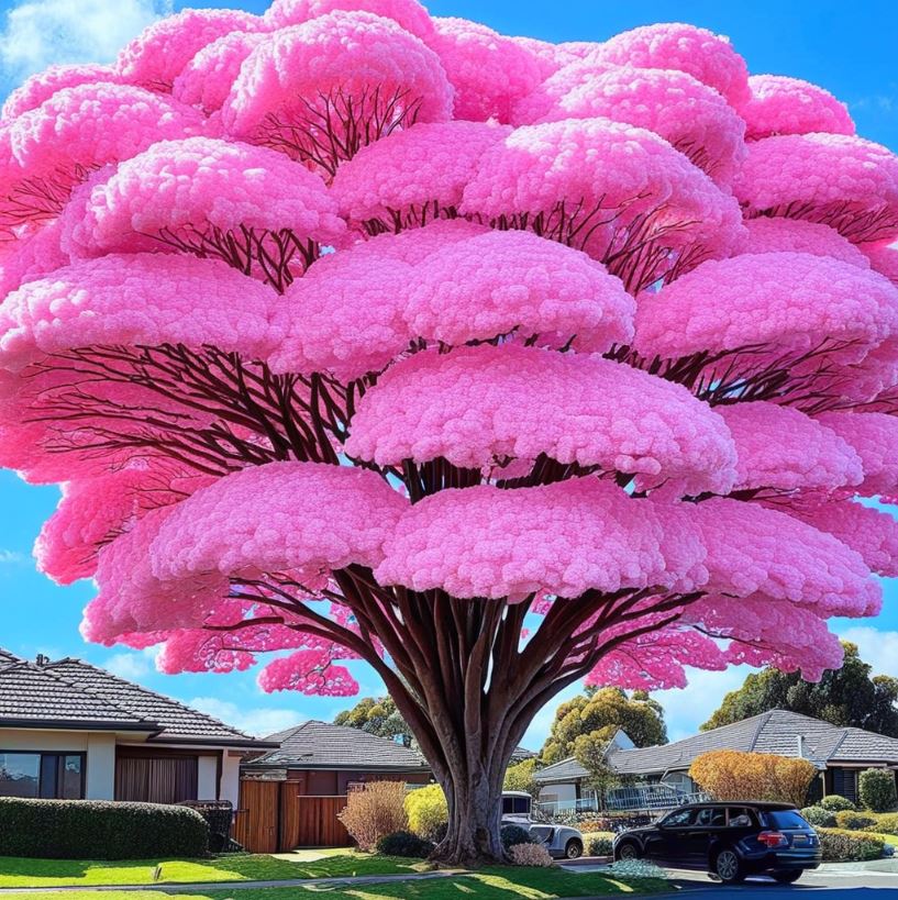 "Vibrant Pink Jacaranda tree with fluffy pink blossoms against a clear blue sky."