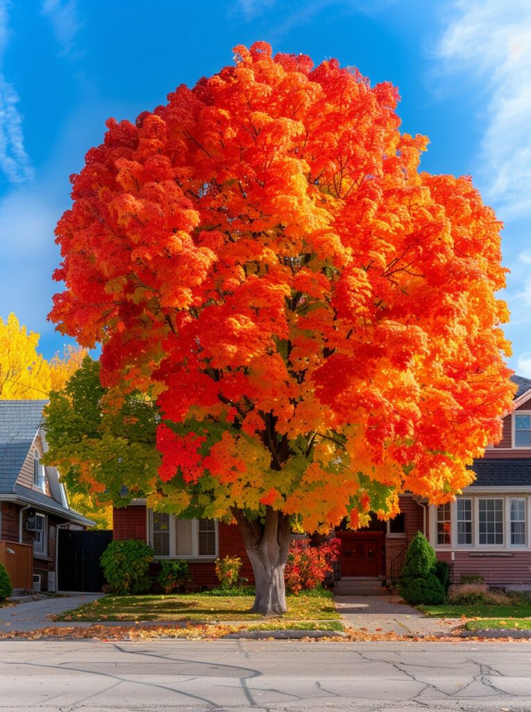 Vibrant Pink Jacaranda tree with bright foliage against a clear blue sky in an urban setting.