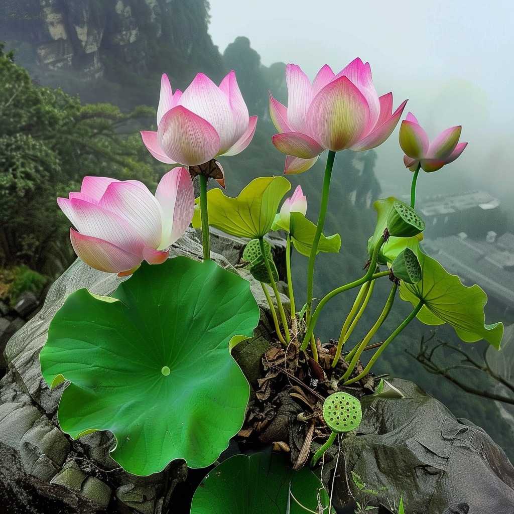 Delicate pink Lotus flowers blooming on a rocky cliff with green leaves and seed pods.