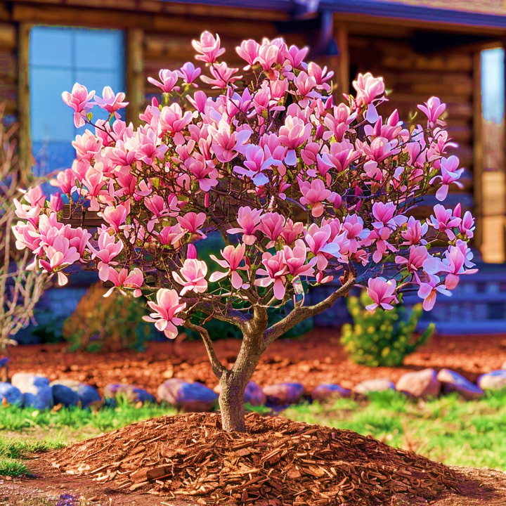 Beautiful Magnolia tree in full bloom with pink flowers, surrounded by mulch and a green lawn