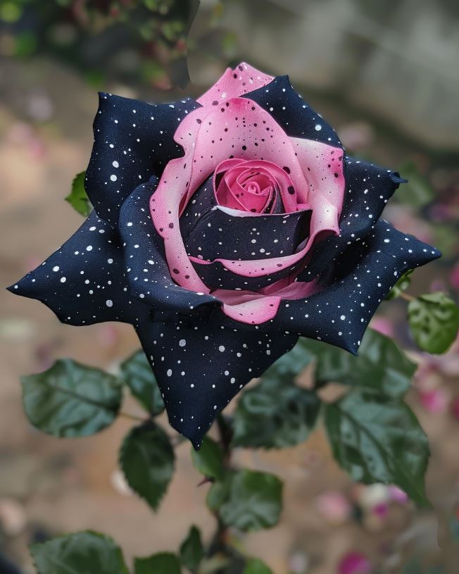 Unique Polka Dot Rose featuring a pink and black design with white speckles, showcasing intricate petals against a blurred garden background