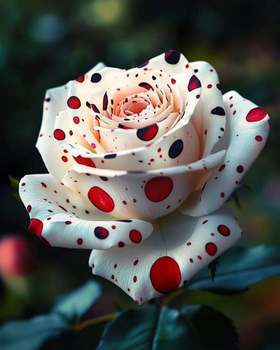 Beautiful Polka Dot Rose with creamy white petals adorned with striking red and black spots against a blurred garden background.