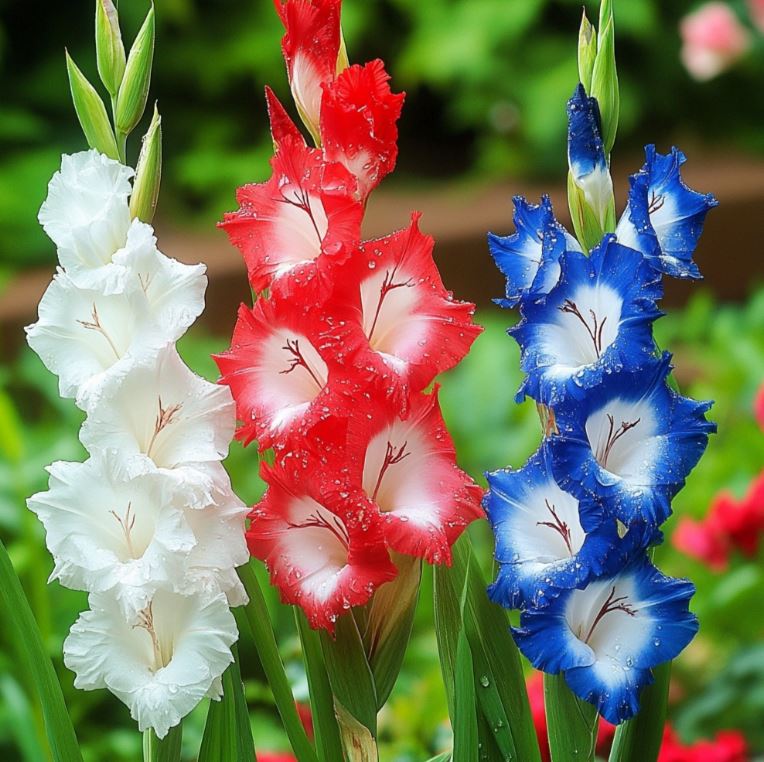 Trio of vibrant Gladiolus flowers in red, white, and blue, with water droplets on their petals