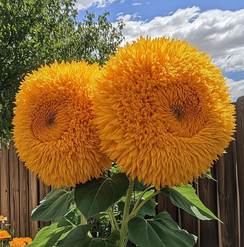 Two fluffy Teddy Bear Sunflowers with vibrant golden petals, resembling a plush toy, standing tall against a blue sky.