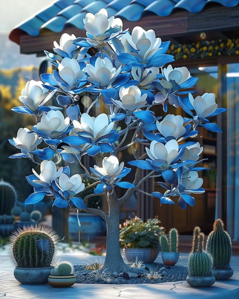 Stylish Magnolia tree with blue and white flowers surrounded by potted cacti