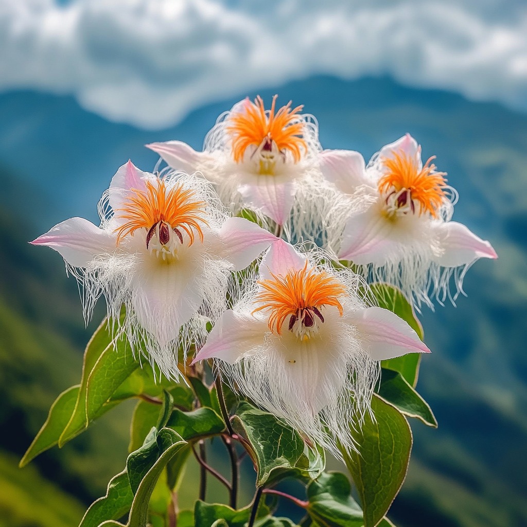 Monkey Face Orchid (Dracula simia) with unique hairy white and orange flowers against a blurred mountain background