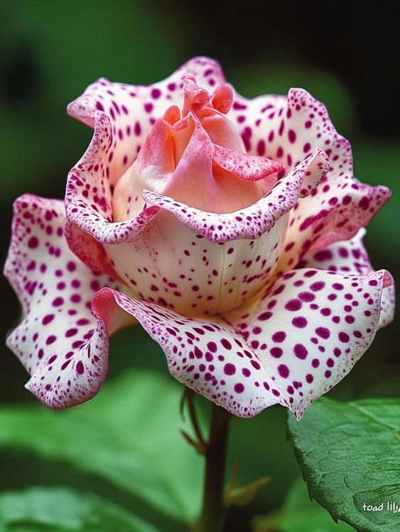 A unique pink and white spotted rose with ruffled petals.