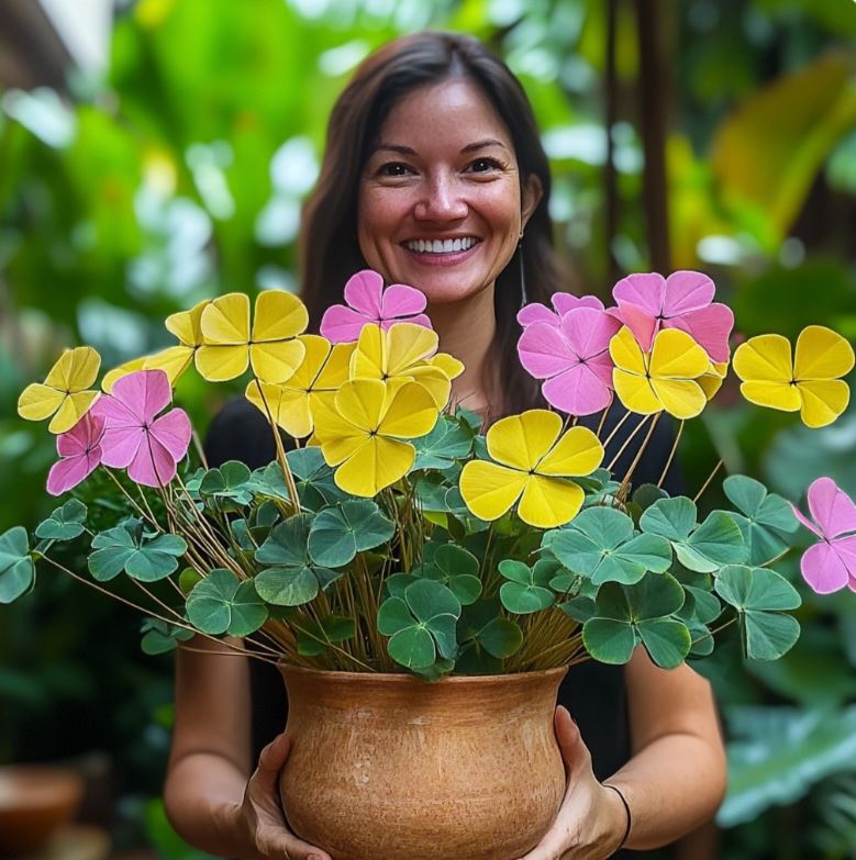 A woman smiling while holding a pot of colorful Butterfly Plant (Oxalis triangularis) with pink and yellow flowers.