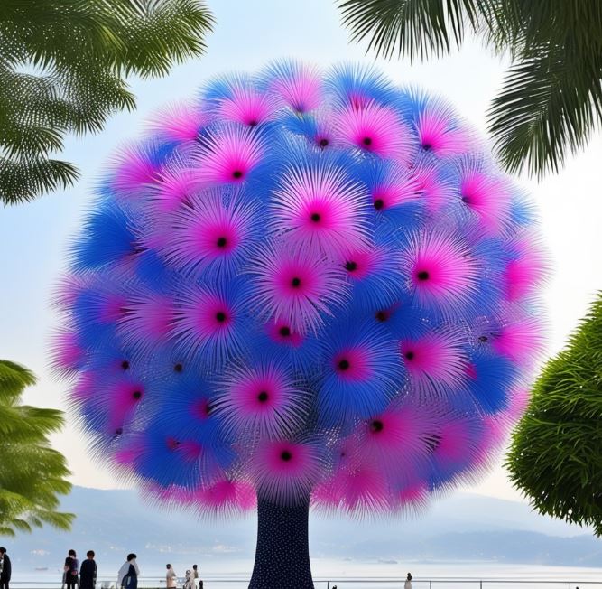 Close-up of Dragon Tree Flower with vibrant pink and blue colors