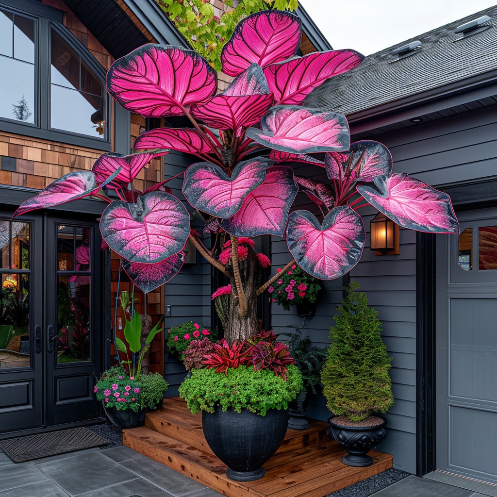 A stunning Elephant Ear plant with vibrant pink and green leaves positioned near the entrance of a stylish home.