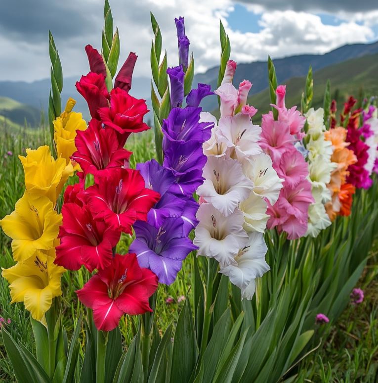 Colorful array of Gladiolus flowers in various shades blooming in a vibrant garden landscape