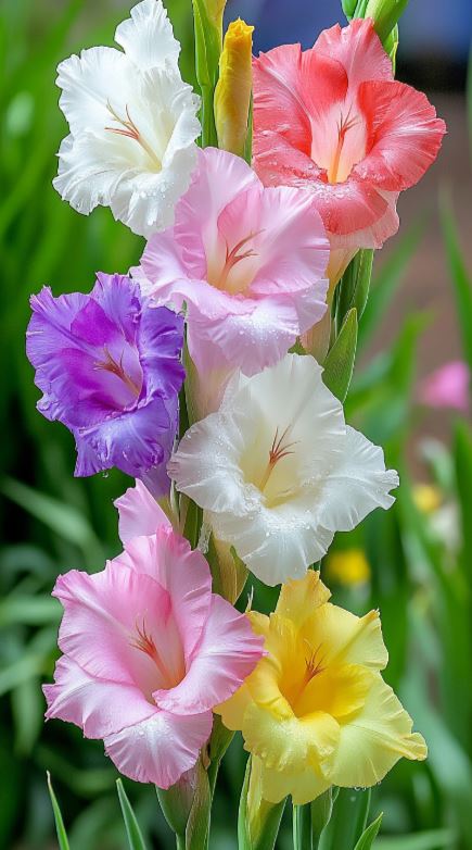 Colorful display of Gladiolus flowers in pink, white, red, purple, and yellow shades, adorned with water droplets