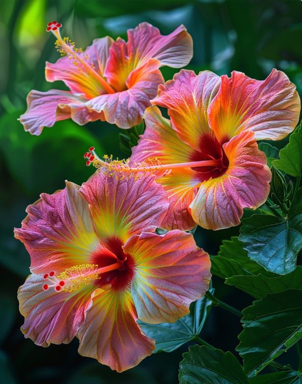 Beautiful Hibiscus flowers with vibrant pink and yellow petals, featuring striking red stamens, surrounded by lush green foliage