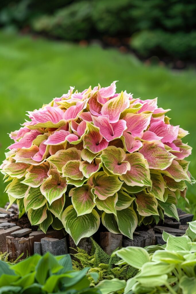 A lush cluster of Hosta plants featuring large, wavy pink and green leaves, arranged beautifully on a bed of wooden logs with a soft green background.