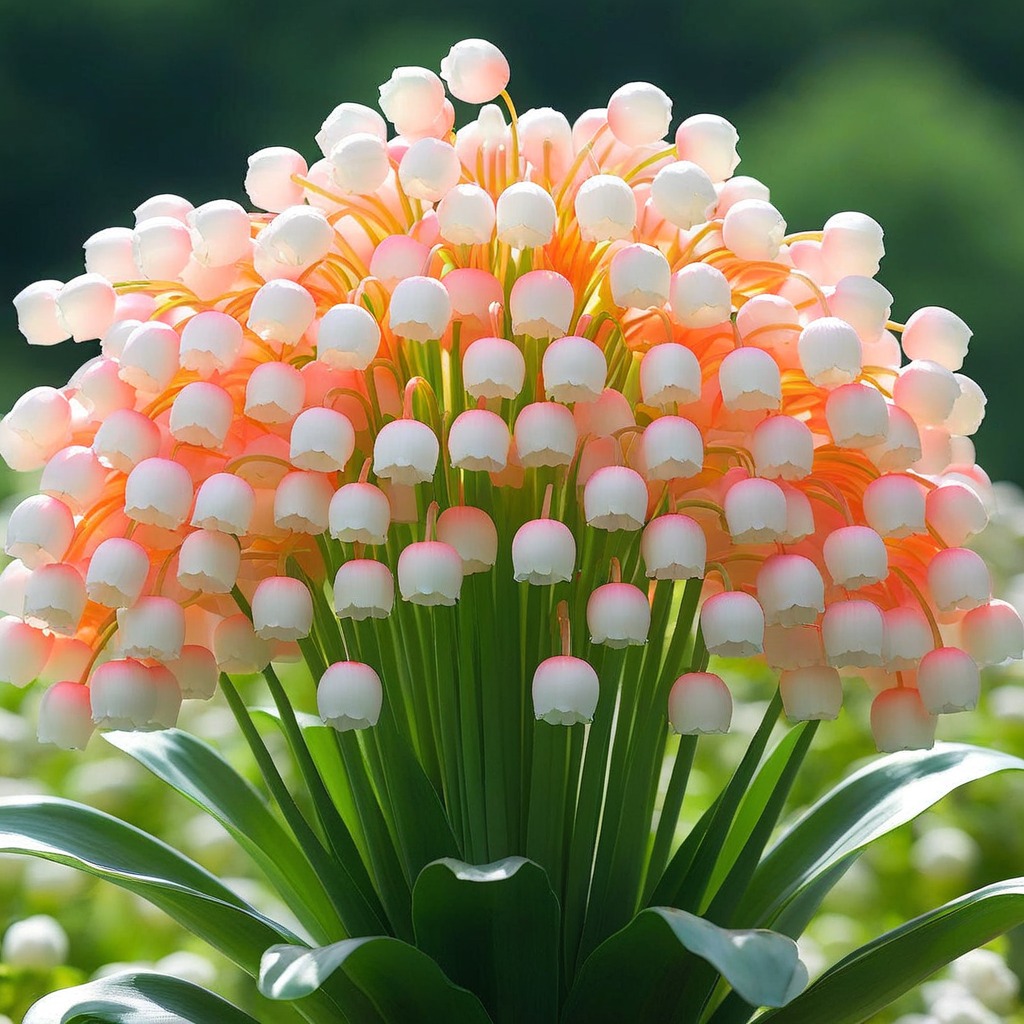 A lush cluster of lily of the valley flowers with white and soft pink bell-shaped blooms set against green foliage.