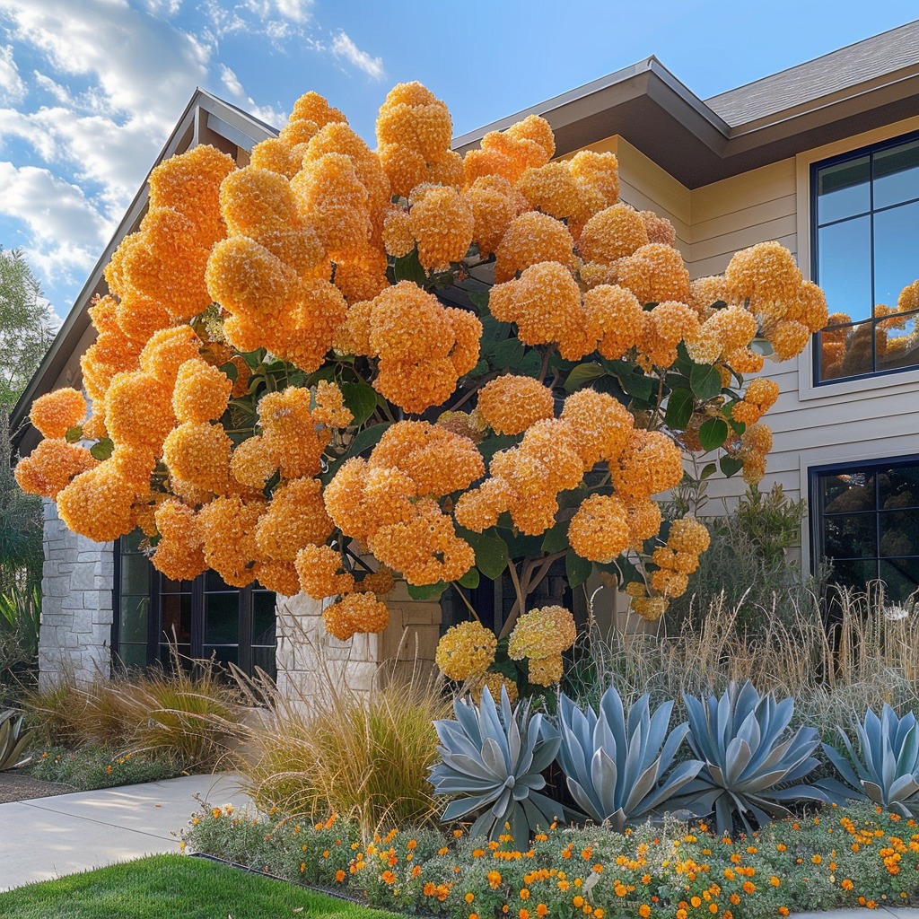 A magnificent Hydrangea tree with large clusters of bright orange blossoms in front of a modern house, surrounded by lush greenery and decorative plants.