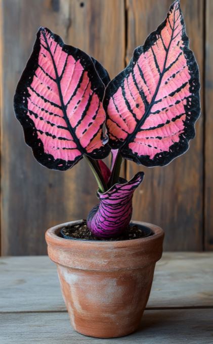 Mermaid Plant with bold pink and black leaves resembling fins, and a textured scaly stem, growing in a rustic terracotta pot