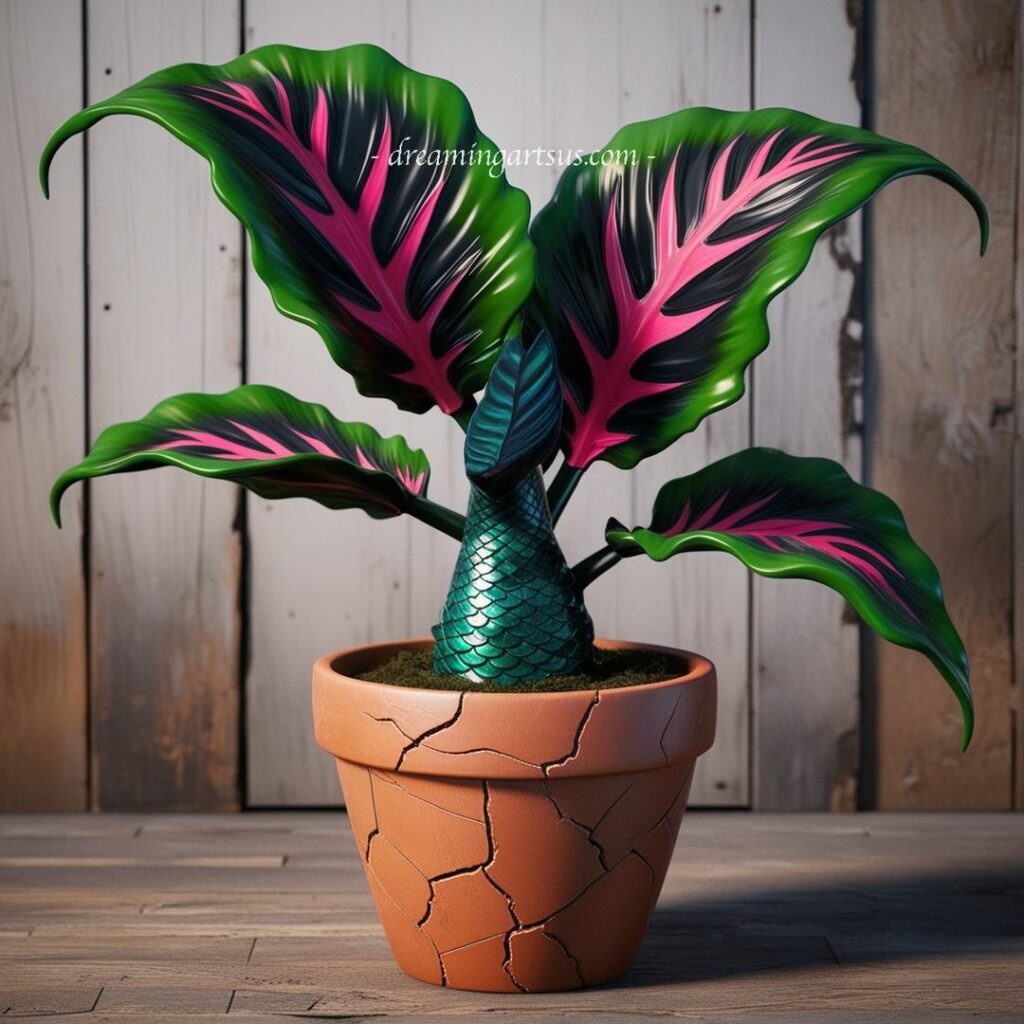 Mermaid Plant with vibrant green and pink leaves in a cracked terracotta pot, featuring a unique mermaid-like stem