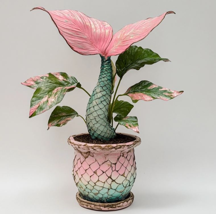 Mermaid Plant with pink and green fin-like leaves and a scaly textured stem, planted in a pastel pink and green gradient pot