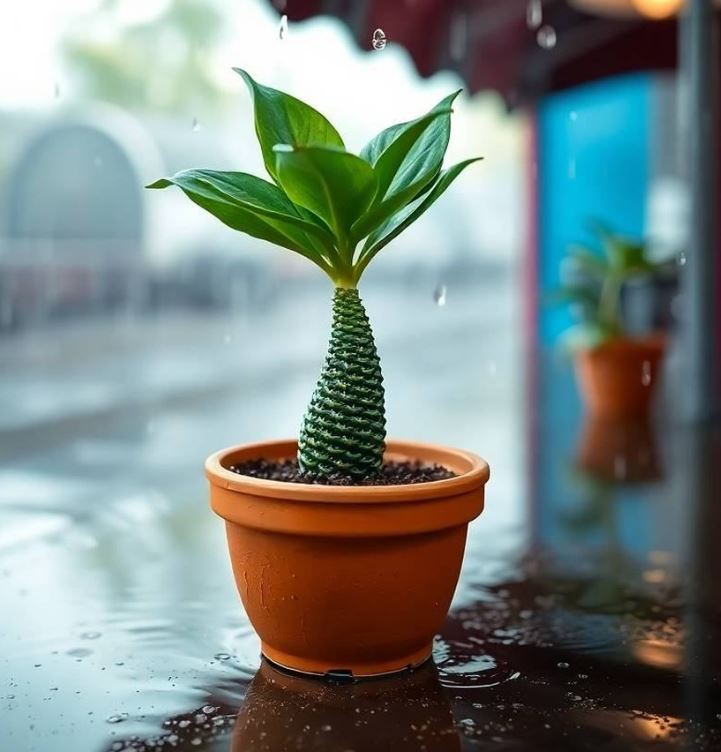 Mermaid Plant with green leaves and a scaly stem in a terracotta pot, placed outdoors on a rainy day